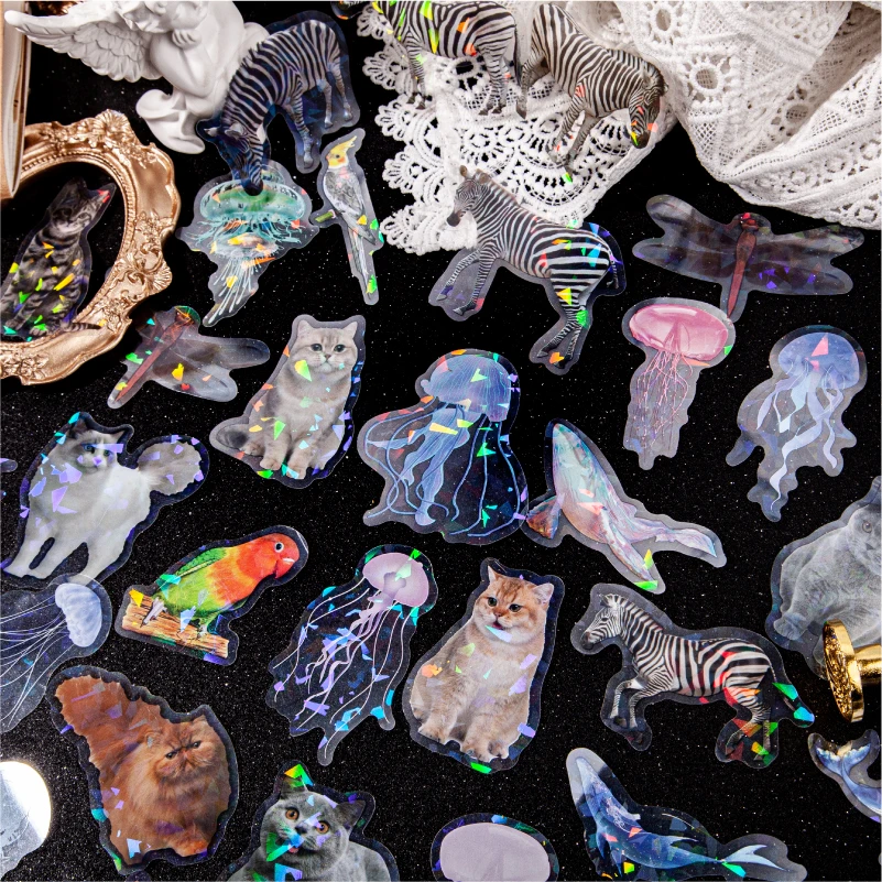20 pcs Laser stickers Dragonflies, cats, birds Dreamlike watercolor jellyfish ocean hand tent DIY decorative collage material ﻿