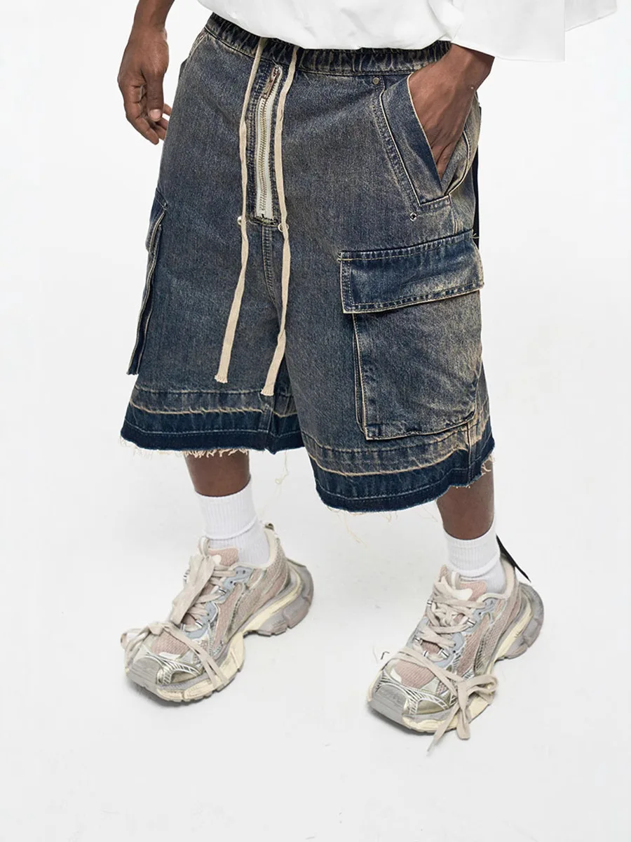 2025 New High Street Zipper Hairy Side Pocket Workwear Shorts Washed, Used, Drifting, Loose Cowboy Pentagram Pants for Men