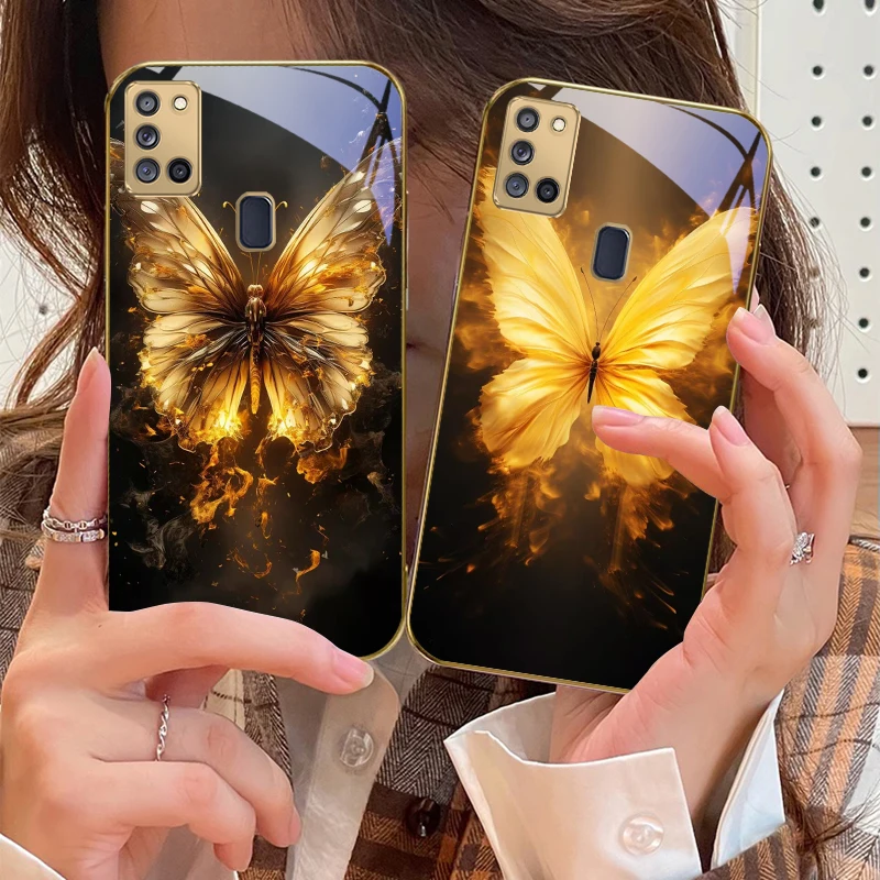 لهب فراشة دافئة لسامسونج A 31 32 A33 A34 35 14 A15 13 16 25 26 50 52 53 54 55 56 70 71 72 73 حافظة هاتف زجاجية ذهبية