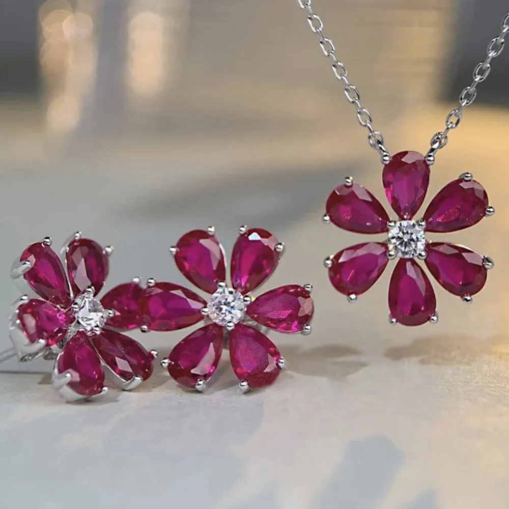 

S925 Sterling Silver Flower Necklace Rose Red Earrings Ladies Set Exquisite Romantic Gift Fashion Accessories New 2025