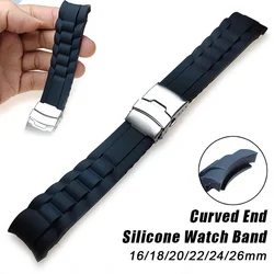 Curved End Watchband Silicone Strap 16mm 18mm 20mm 22mm 24mm 26mm Rubber Bracelet Folding Buckle Wristband Sport Waterproof Belt