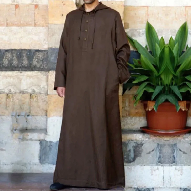 Abbigliamento islamico Manica lunga da uomo Allentato Uomo musulmano Arabia Saudita Pakistan Kurta Costumi musulmani Abito musulmano Caftano Thobe Con cappuccio