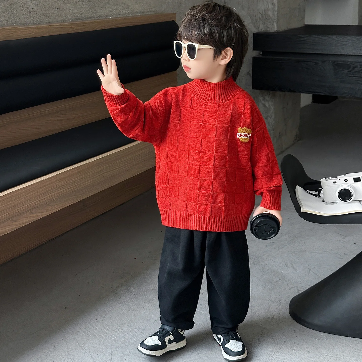 

Утепленный вязаный свитер для мальчиков: модная осенне-зимняя одежда, детская стильная корейская модель с животным принтом, хлопок