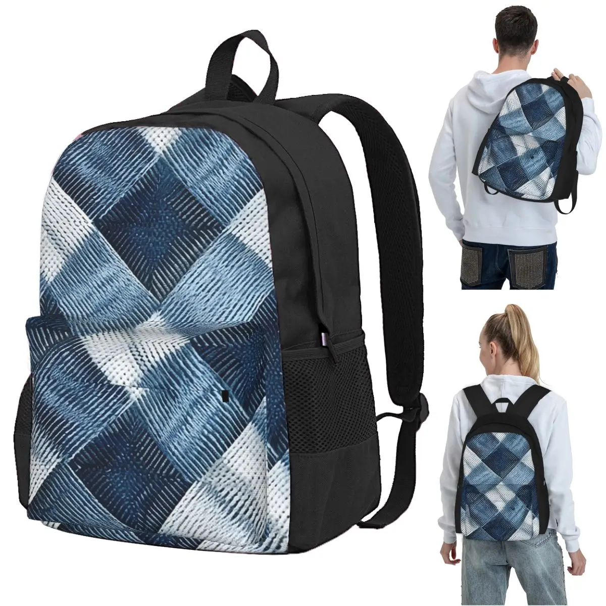 Checkered Denim Wash Backpack Student BookBag Children School Bag Computer Shoulder Bags for Boys Girls