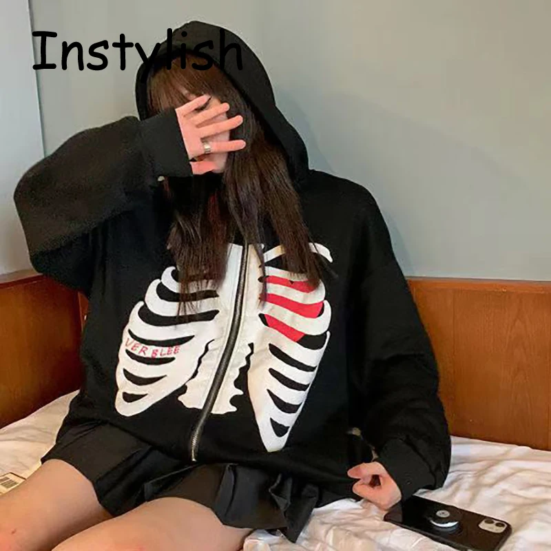 Gothic Skeleton Print Hoodies Men Women Y2K Long Sleeve Hooded Sweatshirts Harajuku Loose Zip Up Hoodie Jacket Coat Streetwear