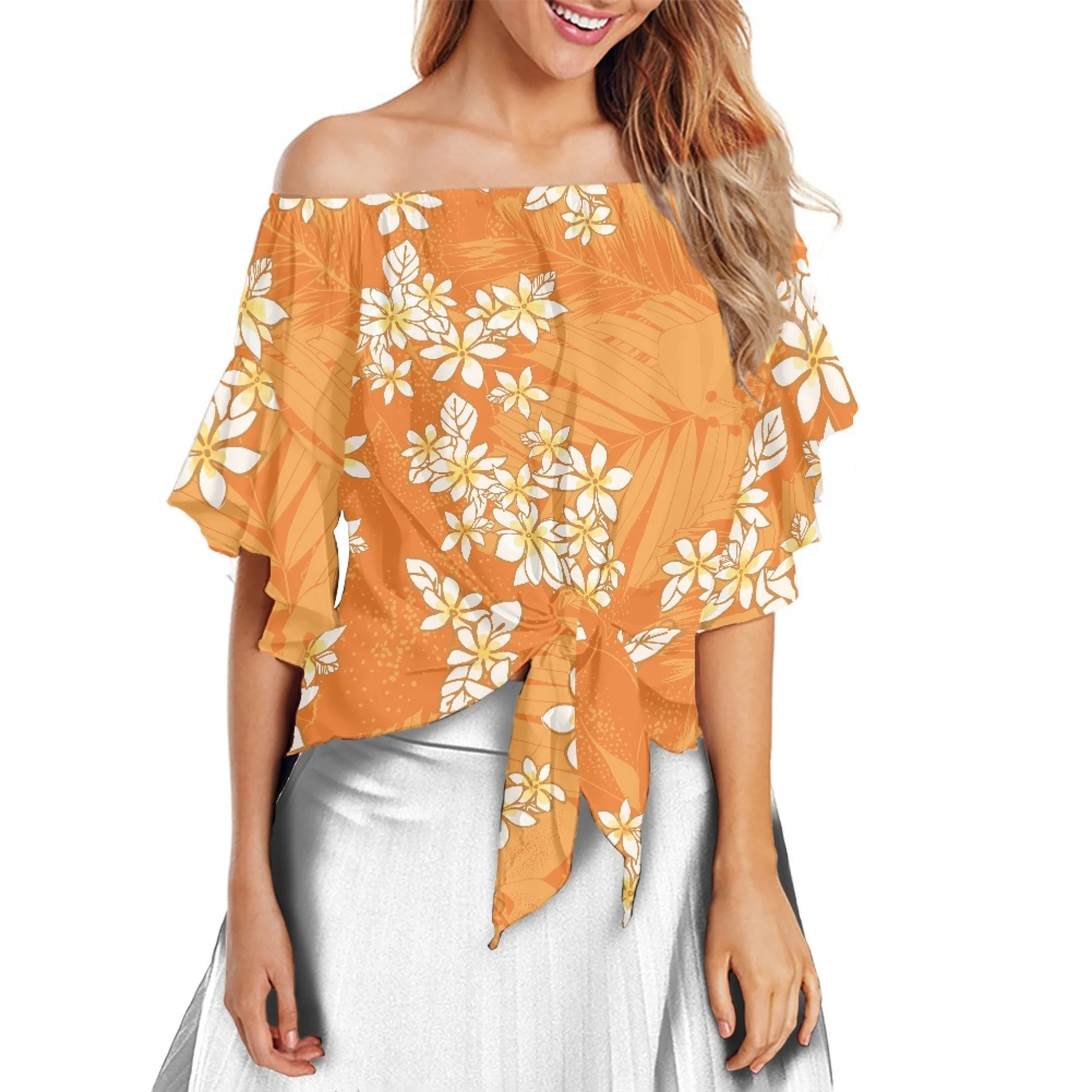 

Hawaiian Hibiscus Floral Pattern Off Shoulder Tie Knot Fashion Chiffon Shirt Summer Hot Sell Lotus Leaf Sleeve Top Polynesian