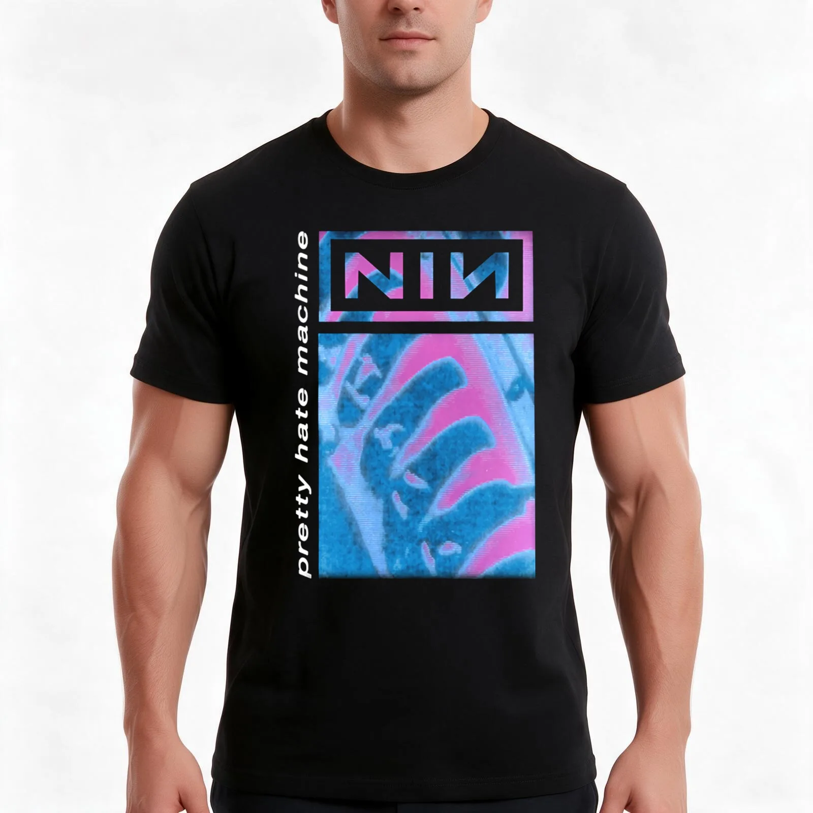 Blue and Purple Hate Nails Machine T-Shirt, Summer Casual Cotton Tee, Oversized Streetwear Tops, Vintage Graphic Print