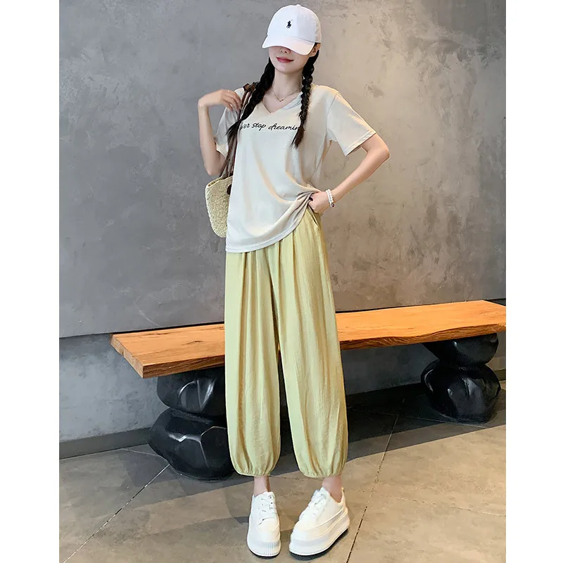 Spring Summer Thin Ice Silk Loose Slimming Nine Points Harlan Pants Lantern Pants Spor Casual High Waist Trousers Commuting 2025