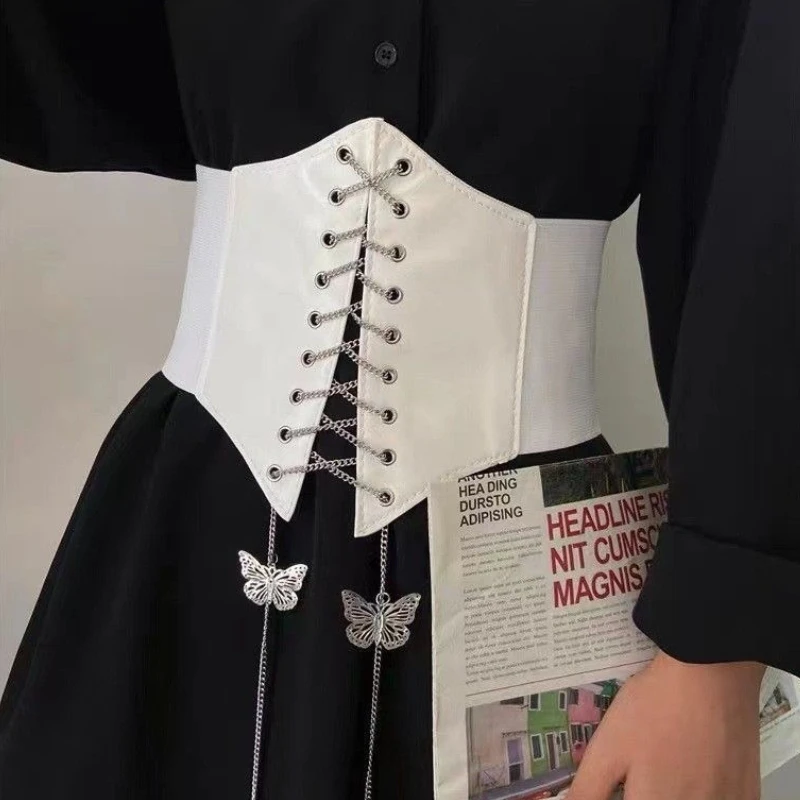 Женский модный корсет с широким поясом из искусственной кожи, эластичный пояс для похудения, цепочка с бабочками, готическое платье, универсальные пояса