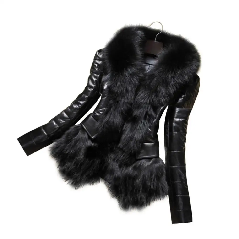 5XL Faux Fur Collar Leather Warm Women Coat Jackets Oversized Fleece Faux Fur Winter Coat Faux Rabbit Fur Luxury Coat Outerwear