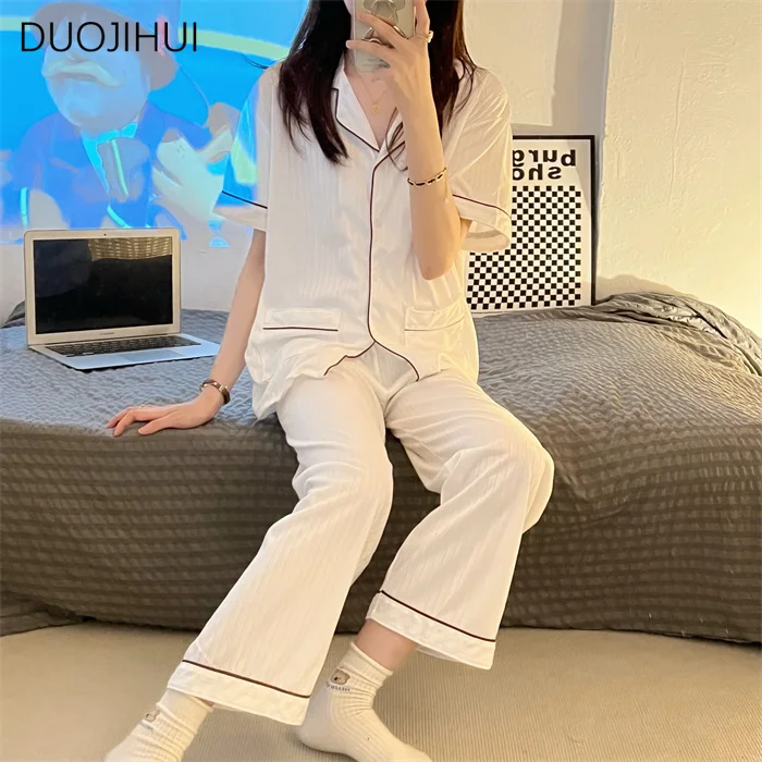 DUOJIHUI Two Piece Simple Casual Home Pajamas for Women Summer Ins Chicly Button Cardigan Basic Pant Fashion Female Pajamas Sets