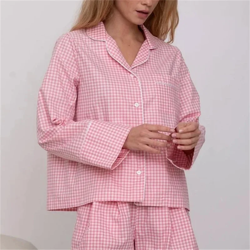 Korean Vintage Plaid Pajamas Sets Women Long Sleeve Shirts Pyjamas Autumn Sweet Pink Gingham Loungewear Sleepwear