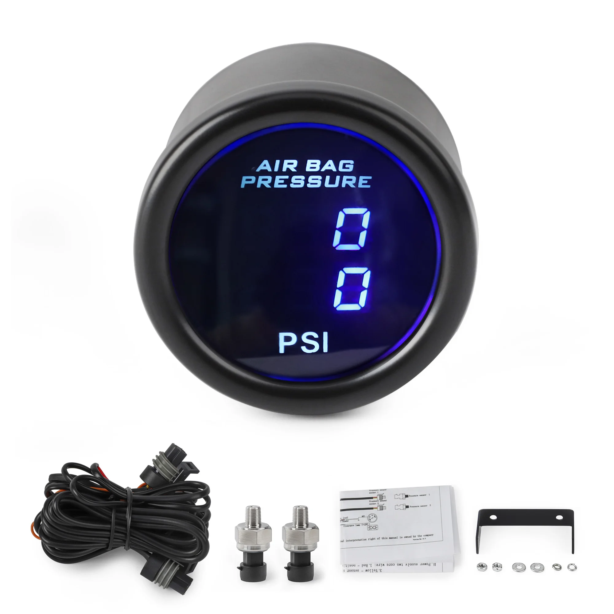 LED 52mm Blue Dual Digital Display Air Ride Air Press Air Suspension Pressure Gauge With 1/8 NPT Electrical Sensor 2 Meter Wire