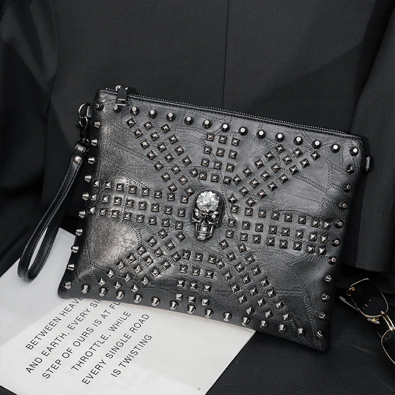 2022 Skull Rivet Clutch For Men Bag Luxury PU Leather Men's Clutches Handbags Shoulder Bag Wrist Bag Envelope Clutch File Purse