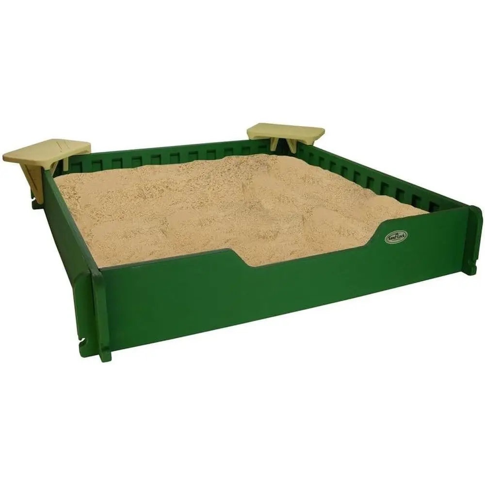 

5x5 SandLock Plastic Sandbox or Kids Outdoor Play. w/ Cover, Ground Barrier, 2 Seats