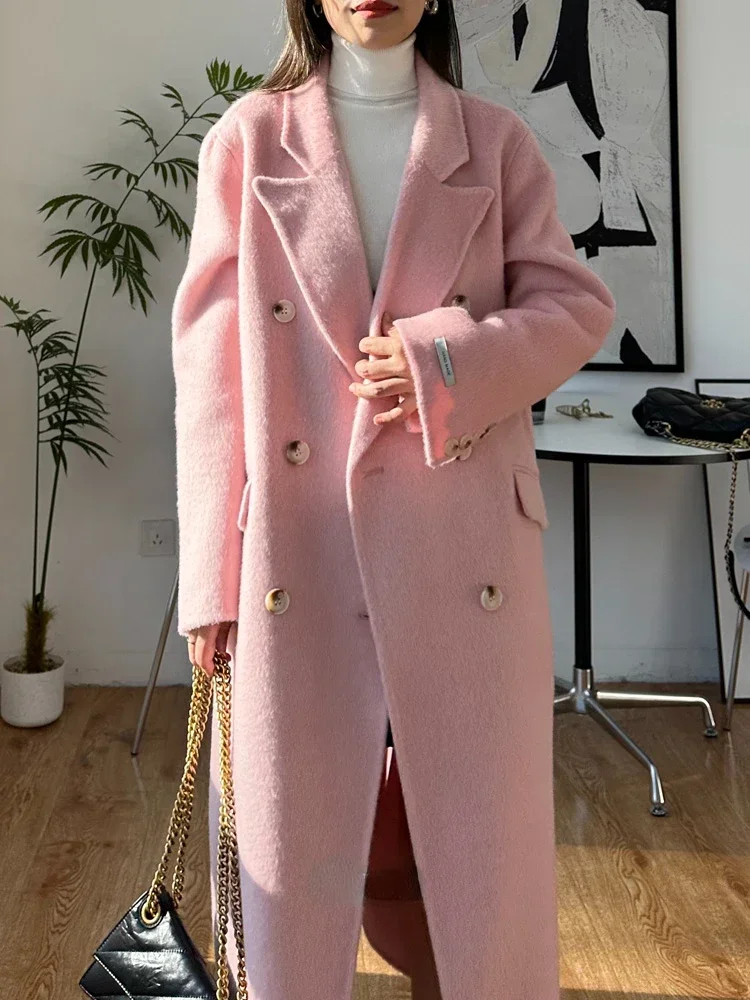 

New Pink Color Double-sided Wool Cashmere Coat Long Women Casual Fashion Lapel Long Sleeve Woolen Coat Female Tide Autumn Winter