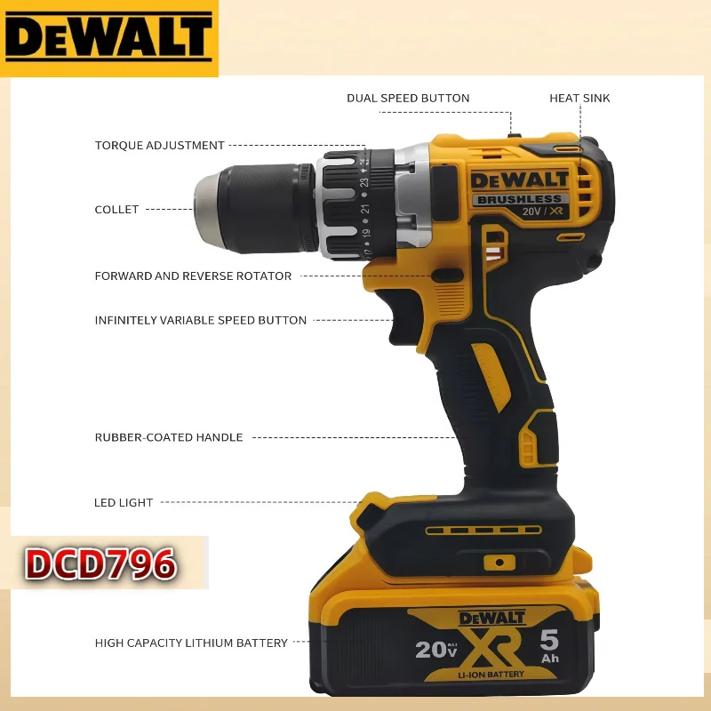 Dewalt DCD796 20V バッテリー ブラシレス インパクト 電動ドリル 多機能 コードレス ドライバー 充電式 電動工具