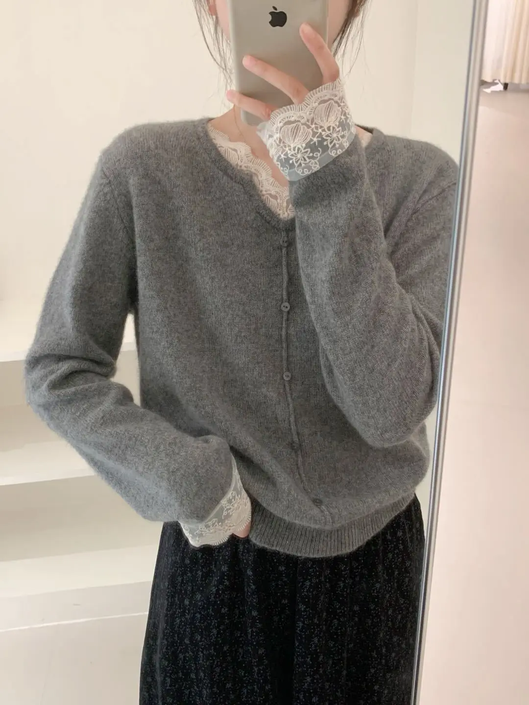 Jersey de lana con cuello en V de estilo coreano y puños de encaje, hecho de lana y lana de alpaca, suéter de punto