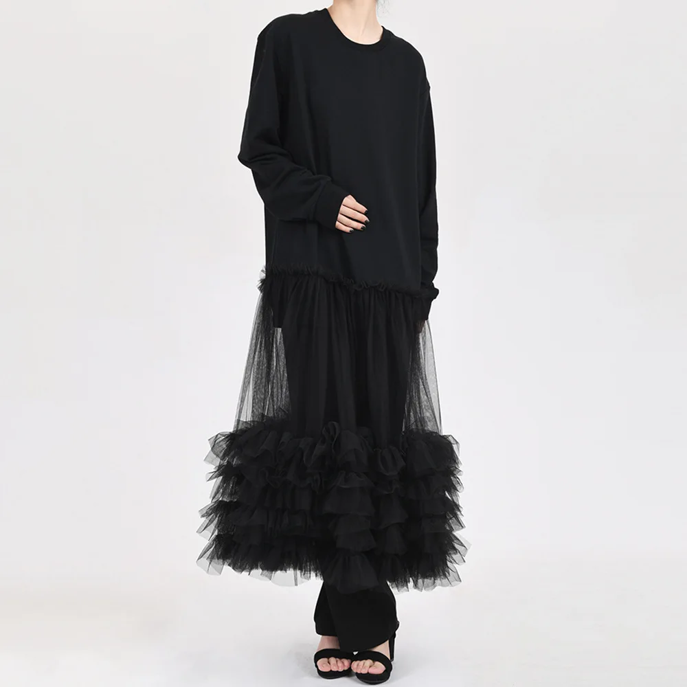 

PuTao Black Prom Dress Full Sleeves O Neck Tiered Ruffles Tulle Women Loose Style Evening Gown Hoodie Style Casual Sover Skirt