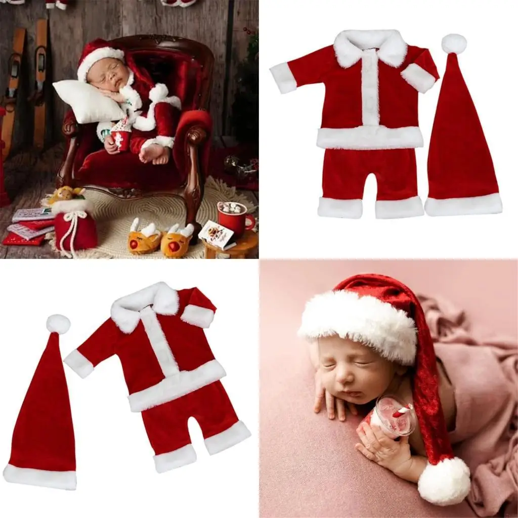 

76HF 3Pcs/set Christmas Baby Outfit Santa Clause Long Sleeved Plush Collar Coat Pants