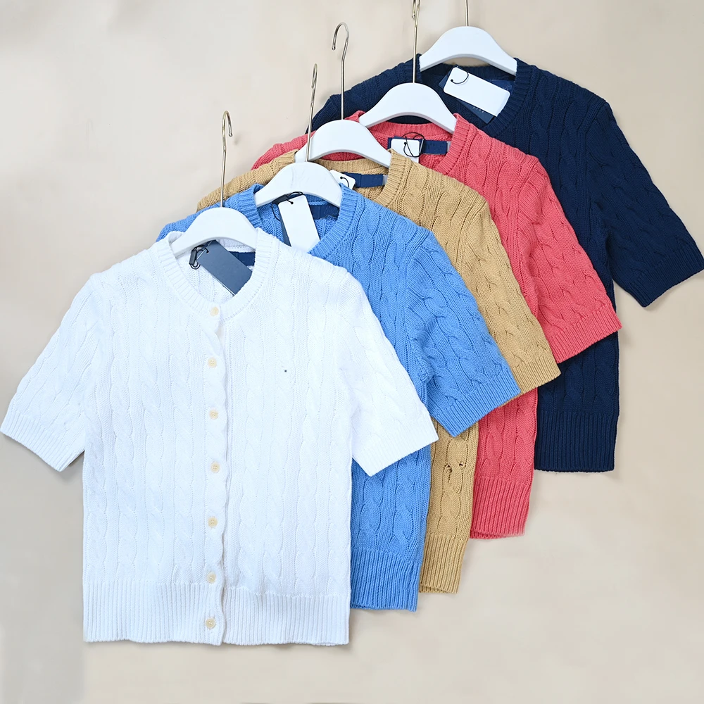 

Новый женский вязаный кардиган с вышивкой, коротким рукавом, круглым вырезом, узором «косы» и цветочным дизайном, плотной вязки, весенняя мода