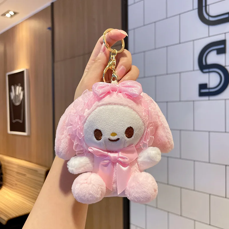 Carino Sanrio Peluche Anime Cinnamoroll Kuromi My Melody Fascia in pizzo Portachiavi bambola Kawaii Peluche Borsa Charms Chiave Catena squisita