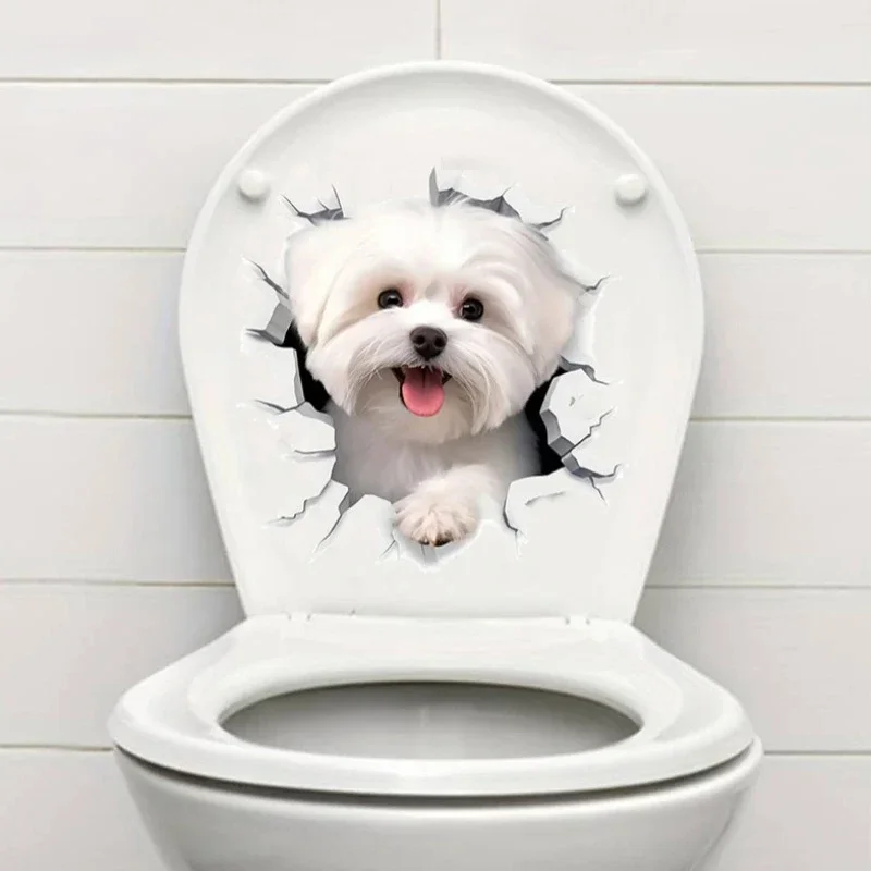 1 pegatina creativa 3D para inodoro de perro agrietado, adorable decoración de baño, arte autoadhesivo de pared, decoración de baño