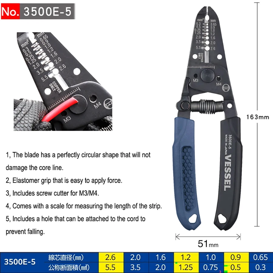 VESSEL Wire Stripper with Screw Cutter Compatible with Electrician Skill Test Electrician Stripping Plier No.3500E Series