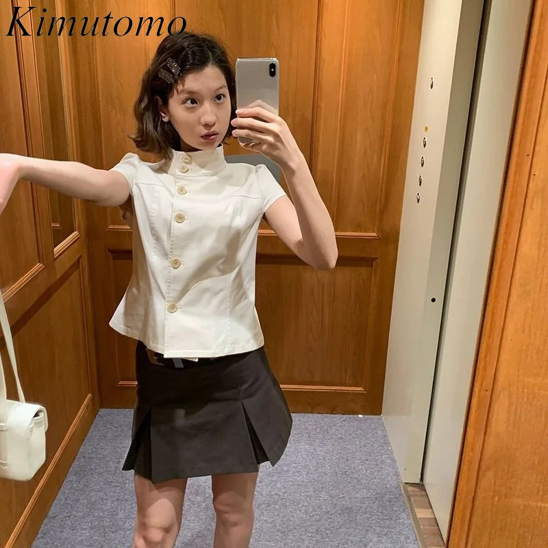 Image of Kimutomo Damenhemden, Vintage-Stil, Umlegekragen, kurze Ärmel, einreihig, elegante Bluse, weiblich, Y2k-Ästhetik, Harajuku