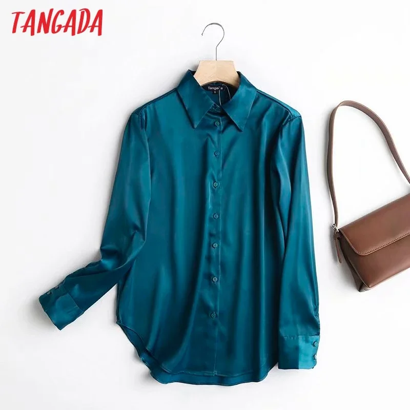 Tangada women solid satin shirts long sleeve solid turn down collar elegant office ladies high quality tops blouses 4C55