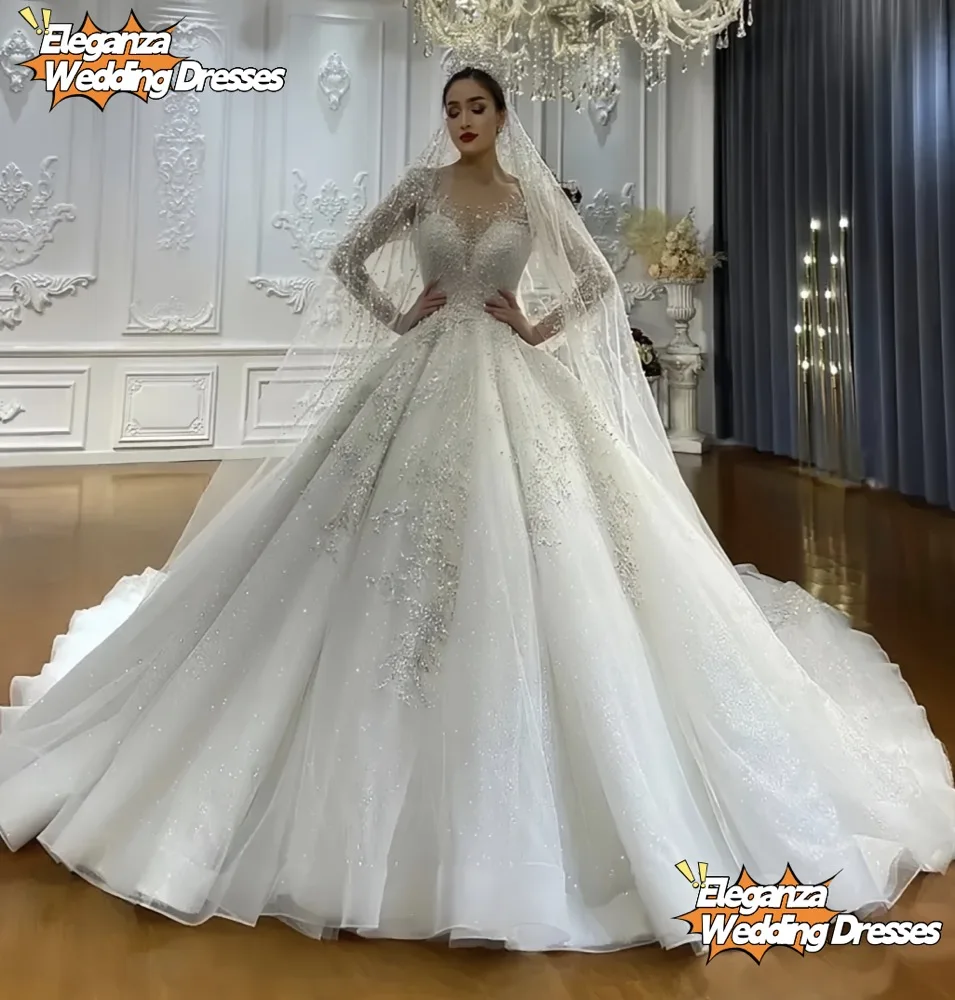 فستان زفاف LuxuArabic Dubai بأكمام طويلة مخصص لؤلؤ مطرز بالخرز فستان عرائس برقبة سكوب فستاين سهرة/فساتين الحفلات Vestidos De Noiva