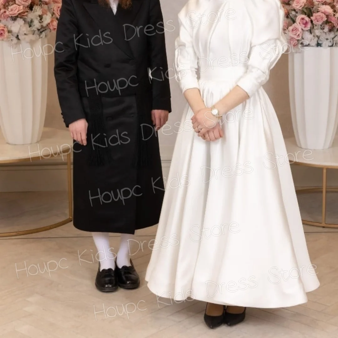 Custom White Satin Flower Girl Dress for First Communion, Long Sleeve Puff Sleeve Ball Gown with Waist Sash, Customizable Kids W