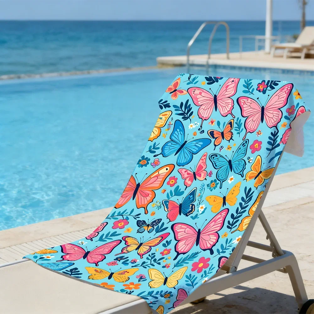 Colorful Butterfly & Floral Beach Towel – Oversized Quick Dry Sand Free with Pink & Blue Print for Spring