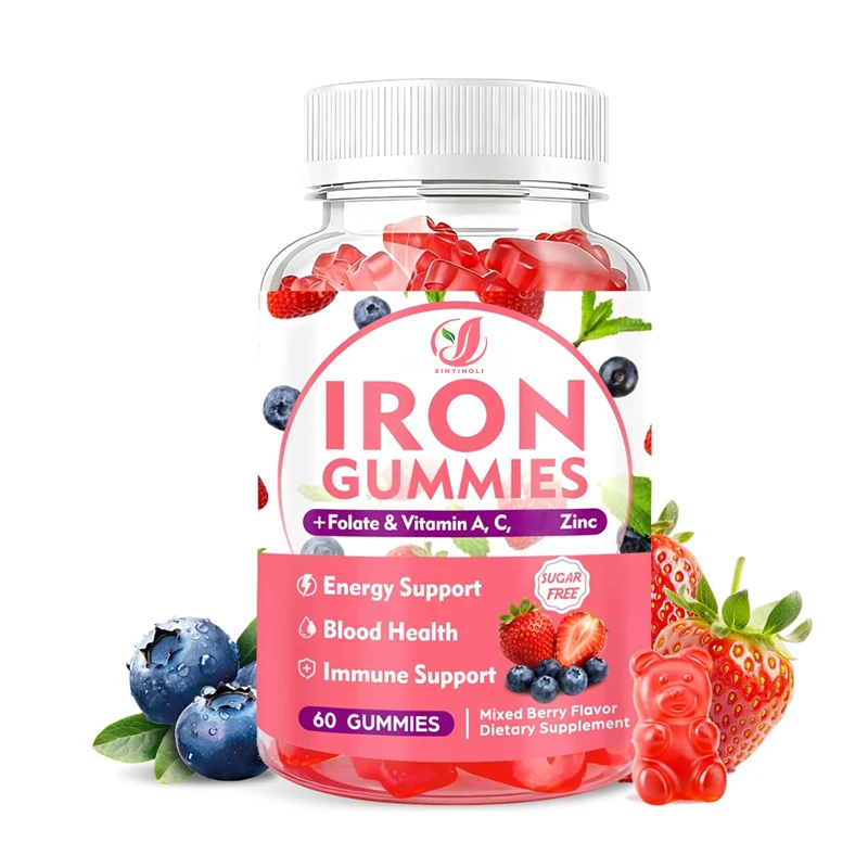 

Жевательные конфеты с железом, содержащие витамин С и фолиевую кислоту для поддержки энергии и иммунитета, без сахара, 60 жевательных конфет.