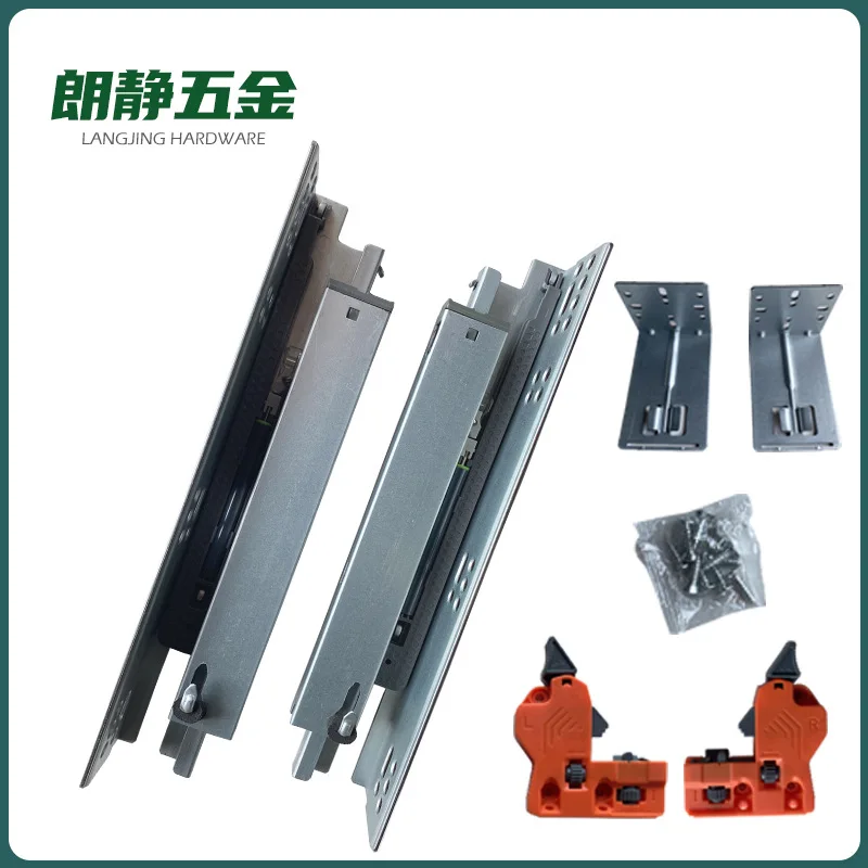 Concealed Under-Mount Three-Section Soft-Close Drawer Slides Zinc-Plated Steel Rails Adjustable Handle Custom Length Hole