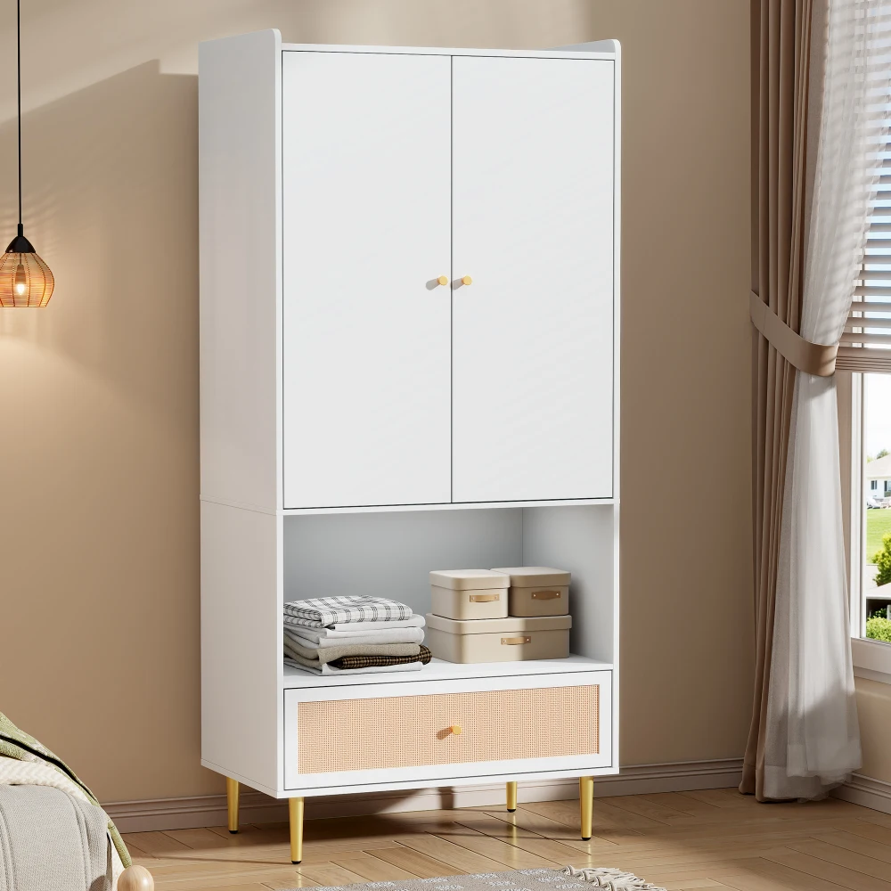 PINGGO Weißer Kleiderschrank mit 2 Türen, Rattanschublade, Metallbeinen und Griffen, 80x48x175cm, für Schlafzimmer und Wohnzimmer – Detail 3