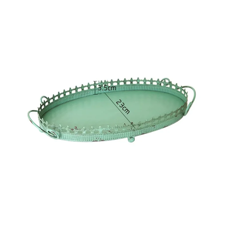 

Vintage Green Oval Metal Tray with Decorative Lace Edge, 42.5cm Distressed Iron Serving Tray with Handles