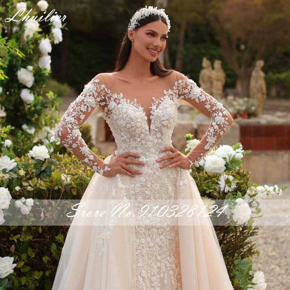 Lhuillier 2 in 1 Mermaid Lace Wedding Dresses Scoop Neck Full Sleeves Beaded Bridal Dress with Detachable Train