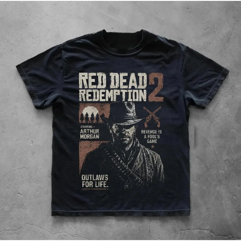 Red Dead Redemption 2 T-Shirt | Arthur Morgan Outlaws T-Shirt Sommer Neu Herren- und Damen-Retro-T-Shirt – Detail 3
