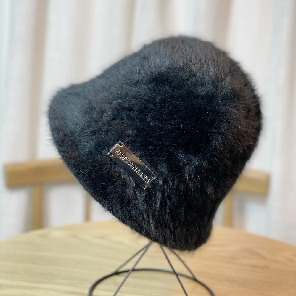 

Elegant Women's Winter Hat New Fashionable Rabbit Fur Hat Knitted Warm Beanie Large Head Circumference Plush Bucket Hat