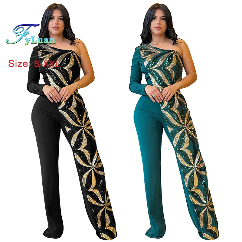 2025 Gorgeous Women Shiny Geometric Sequins Fitted Jumpsuits One Long Sleeve Diagonal Neck Sequined Patchwork Wide Leg Jumpsuits