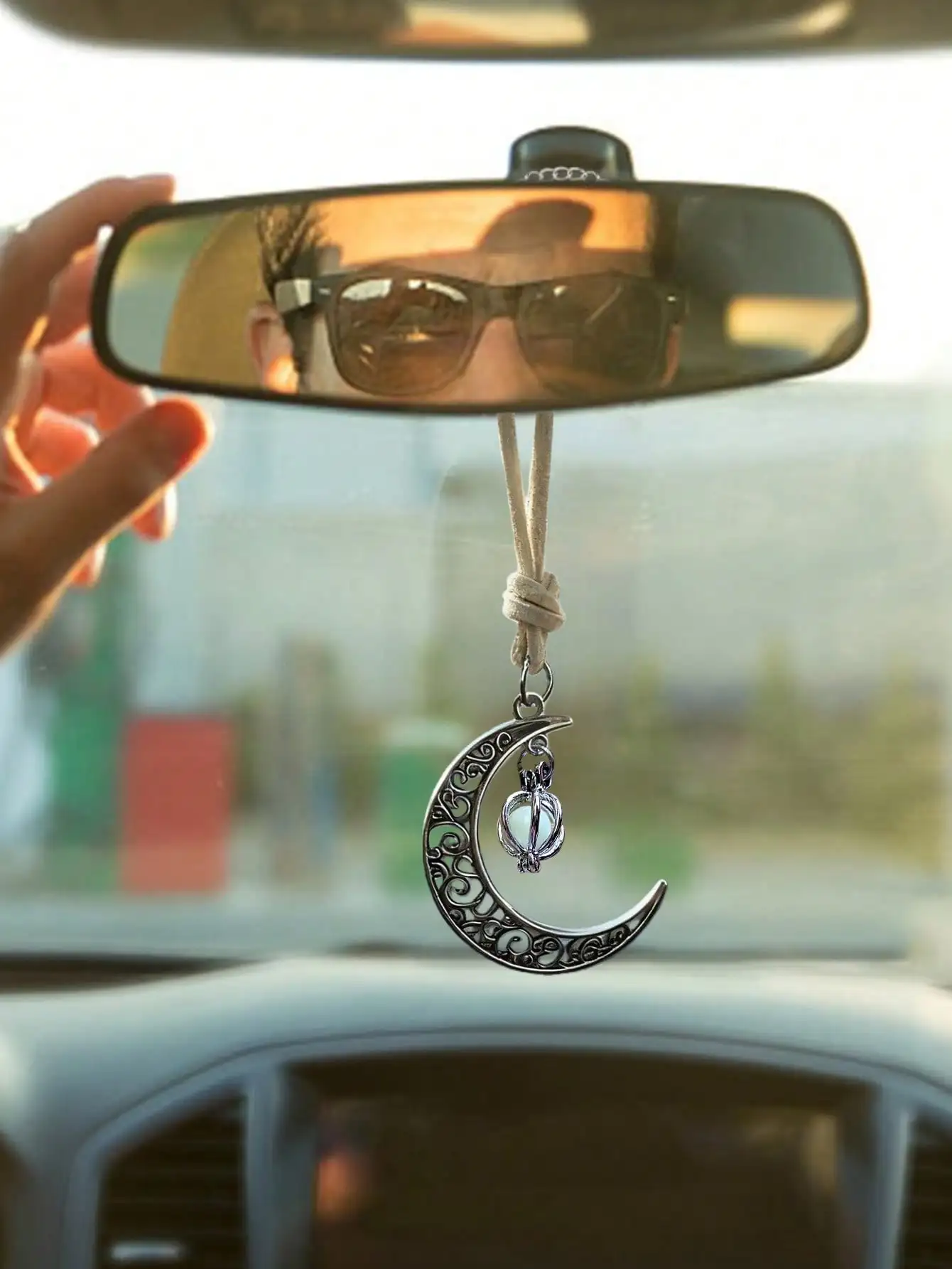 Luminous Moon Pendant Car Hanging Ornament – Hollow Crescent Design, Inlaid with Luminous Stone, Elegant Rearview Mirror Decor image 2