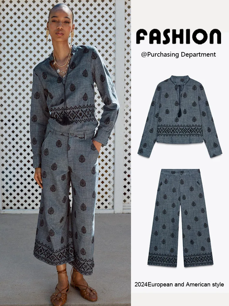 Spring New Arrival Women's Long Sve irt And Wide Leg Pants Faion Set V Ne Svel Long Pants Two Piece Set