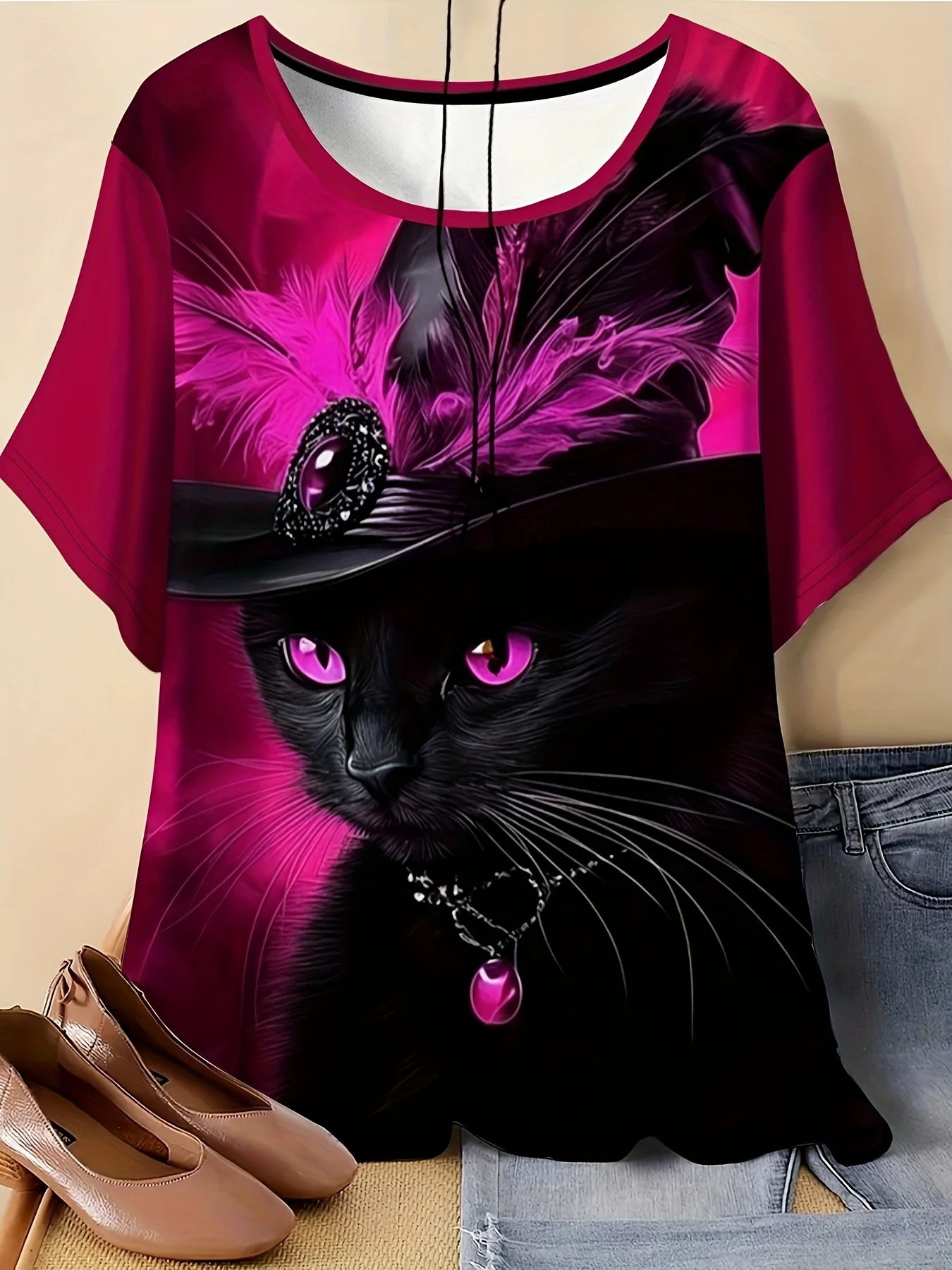 Women Crew Neck Short Sleeve T‑Shirt, Gothic Black Cat With Feather Hat Magenta Background Art Graphic Casual Tee