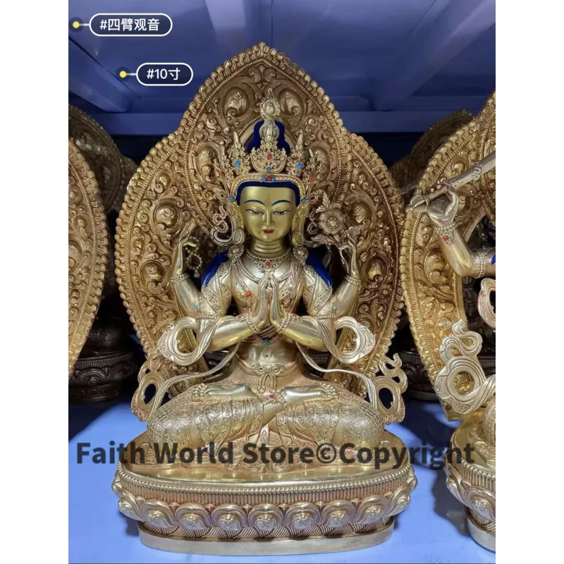 

High quality Buddhism gold gilding Tibet Guru Four-arm Guanyin Goddess Buddha brass statue HOME family effective protection