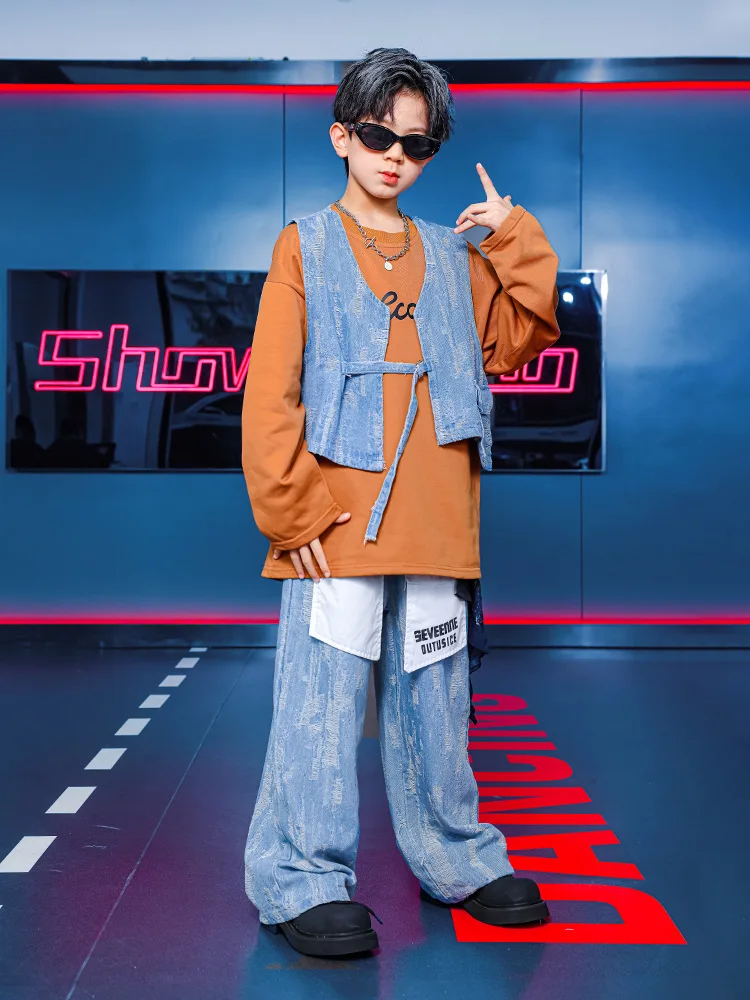 Kinder Street Dance Kleidung Kinder Jazz Kpop Bühne Outfit Junge Streetwear Weste Mädchen Hip Hop Kostüm Denim Shuffle Hosen
