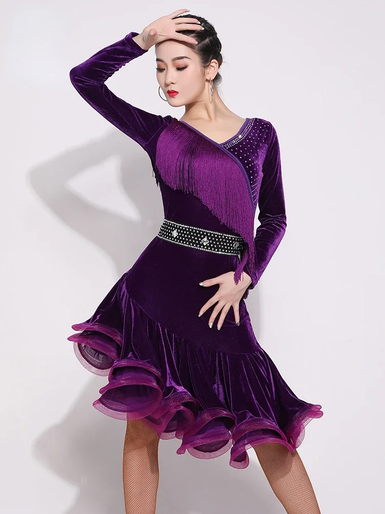 

Women's Adult Tassel Long-Sleeved Velvet Dress New Exercise Clothing Autumn Professional Costume Latin Dance Wear