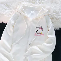 Jaqueta de manga comprida estampada Hello Kitty feminina, top branco dos desenhos animados Disney, zíper, versátil, fofo, estilo japonês, outono