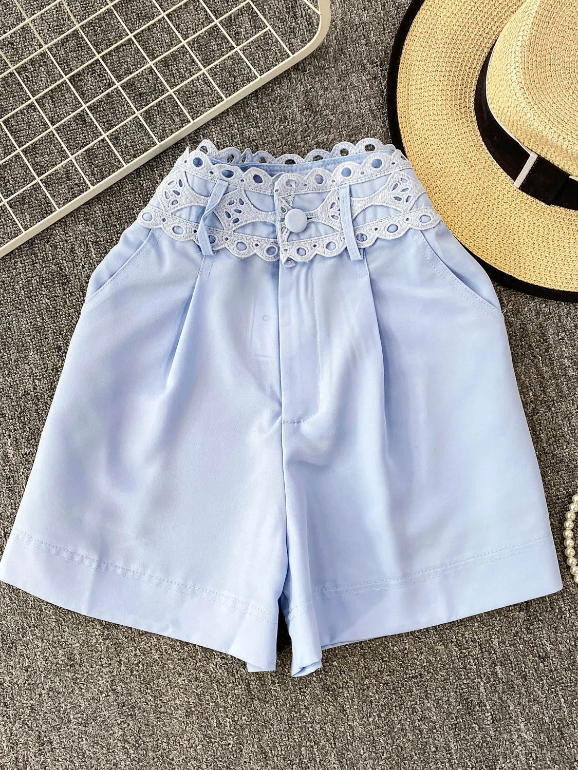 Pantalon bleu taille haute à jambes larges pour femmes, Design Faion d'été, épissure en dentelle, orthès amincissant, pantalons décontractés coréens