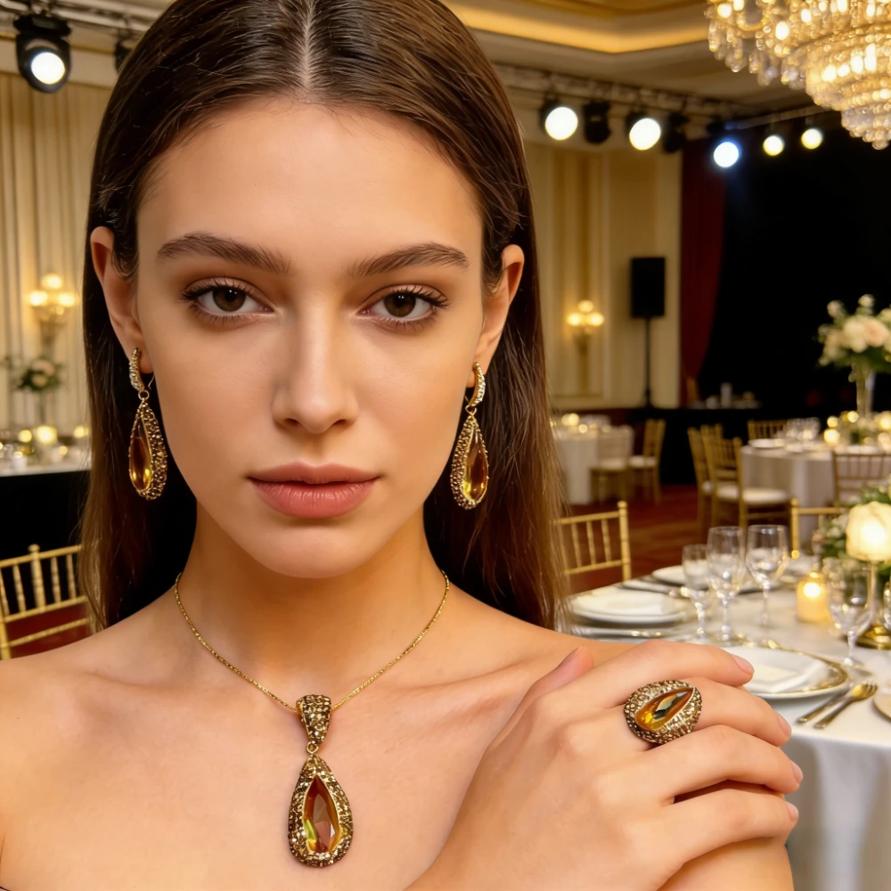 

Zultanite Crystal Jewelry Set Teardrop Color Changing Hand Inlaid Necklace Earrings Ring Party Wedding Daily WearDaily Wear